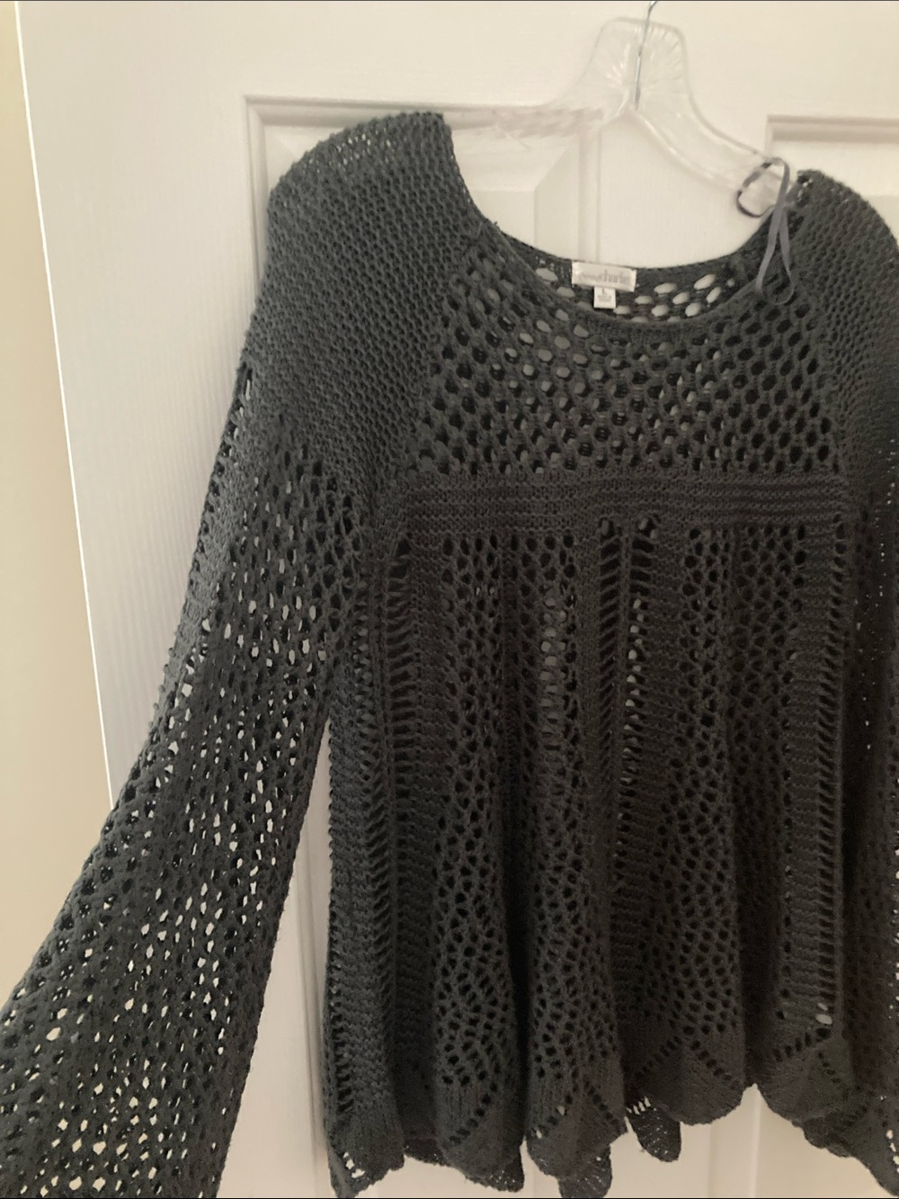 Grey Open-Knit  bell Sleeve Sweater